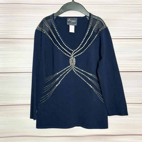 Randolph Duke The Jeanius Look Navy Blue Top V-Neck Glass Bead Embroidery XL - Picture 3 of 12